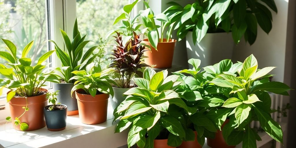 Collection of houseplants on a sunny windowsill.