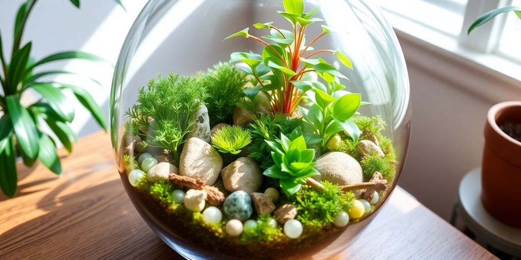 A colorful terrarium with various plants and stones.