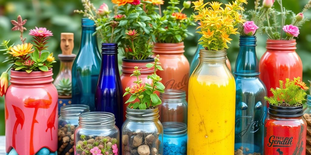 Reused jars and bottles as creative plant pots.