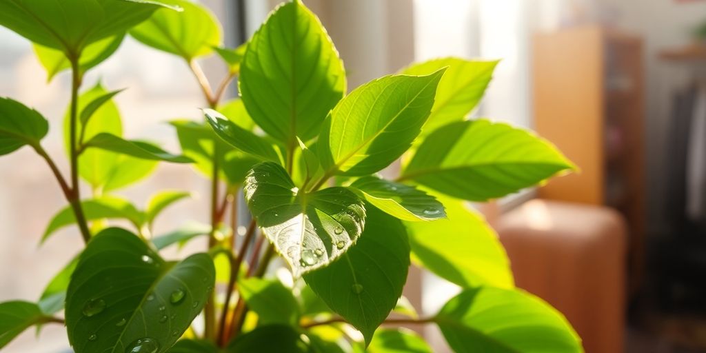 Indoor plant on windowsill with morning light and water.