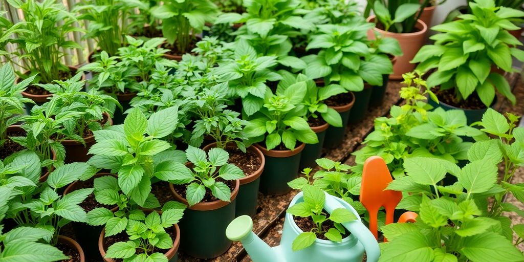 Indoor garden with healthy plants and gardening tools.