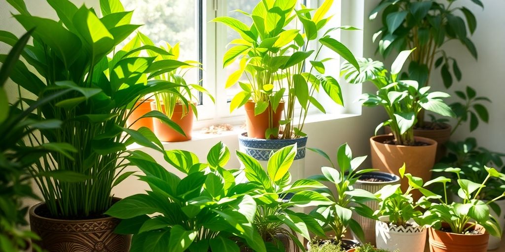Indoor scene with thriving houseplants in decorative pots.
