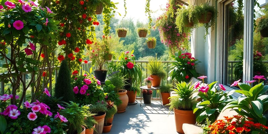 Lush balcony garden with vibrant flowers and cozy seating.