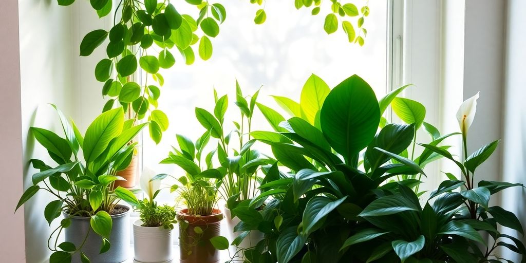 A diverse collection of houseplants on a bright windowsill.