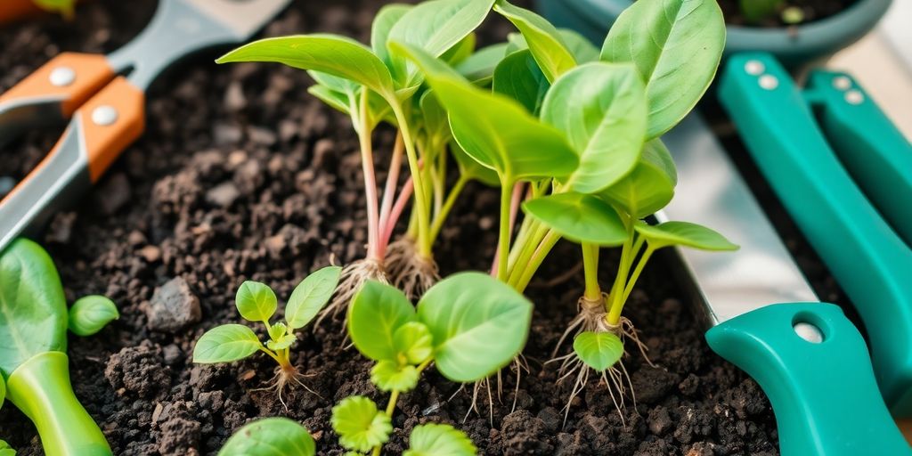 Healthy plant cuttings in soil with vibrant green leaves.