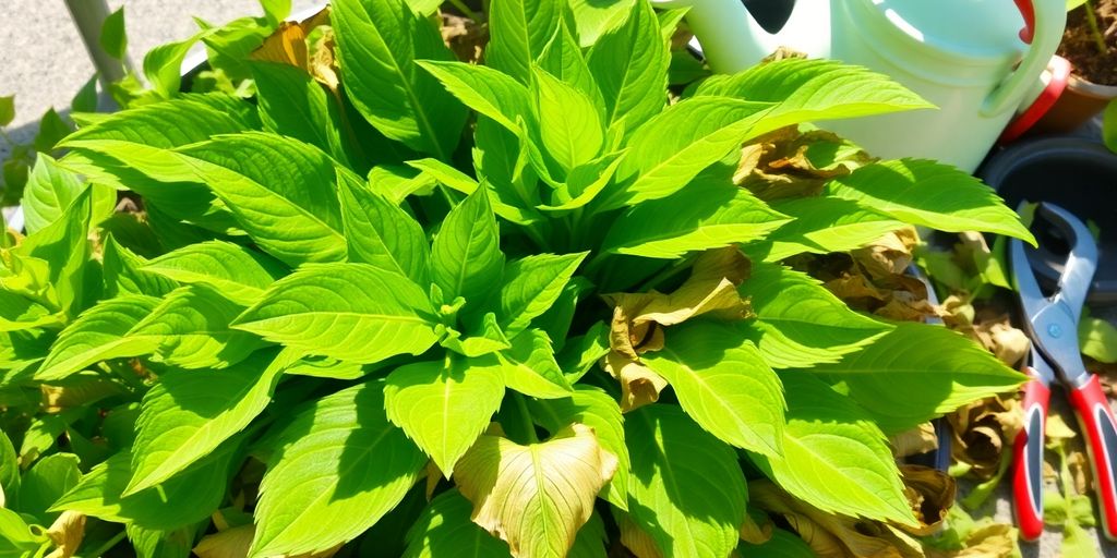 Healthy plant with wilting leaves and gardening tools nearby.
