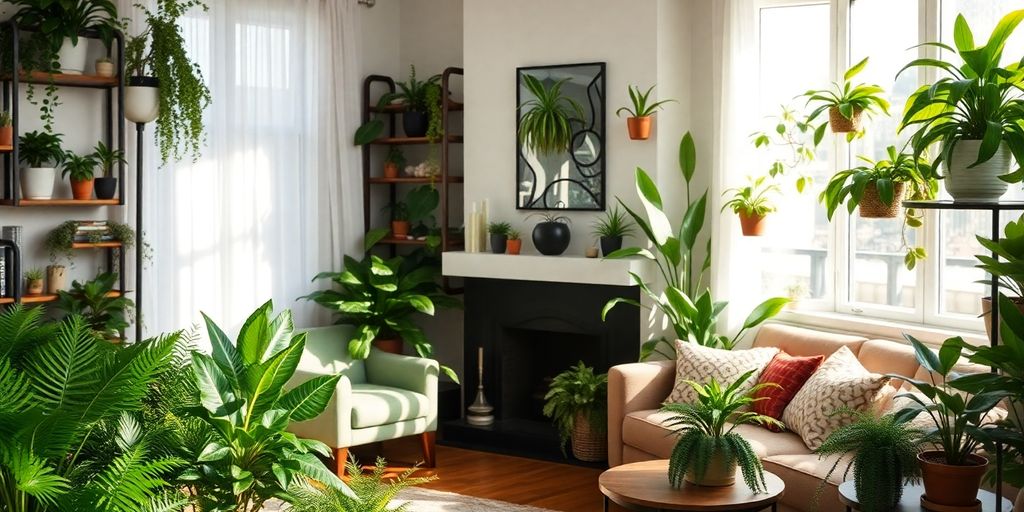 Living room with stylishly arranged houseplants and natural light.