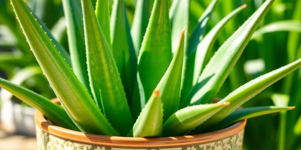 A close-up of a green aloe vera plant — one of the 7 perfect plants for people who forget to water — in a decorative pot.