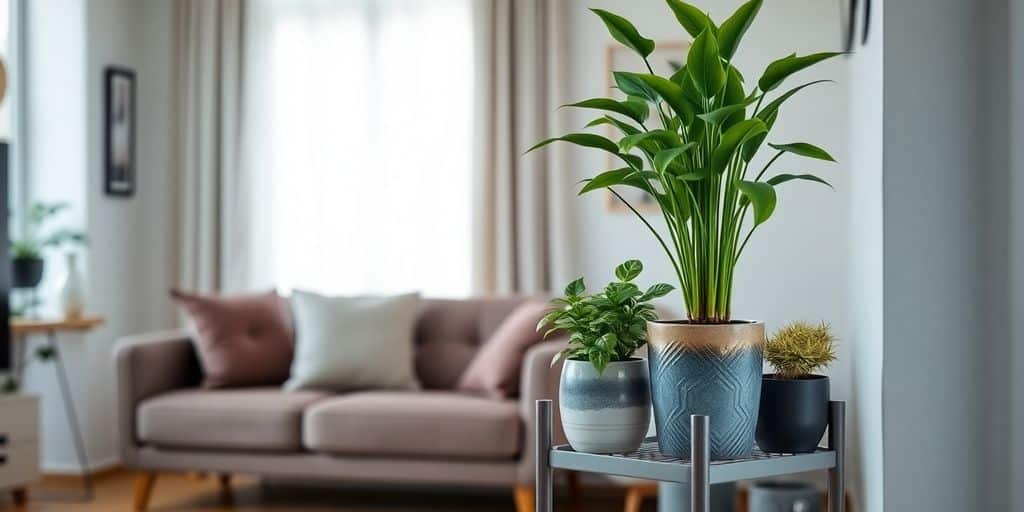 Stylish indoor plant stand with vibrant green plants.