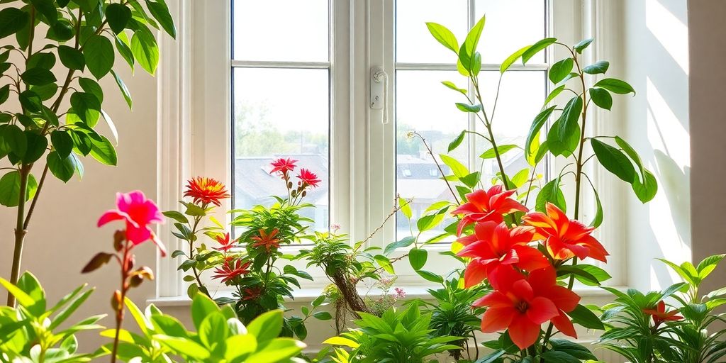 Healthy houseplants thriving by a sunny window.