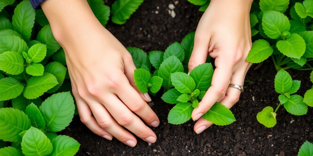 Person caring for vibrant green plants in natural light.