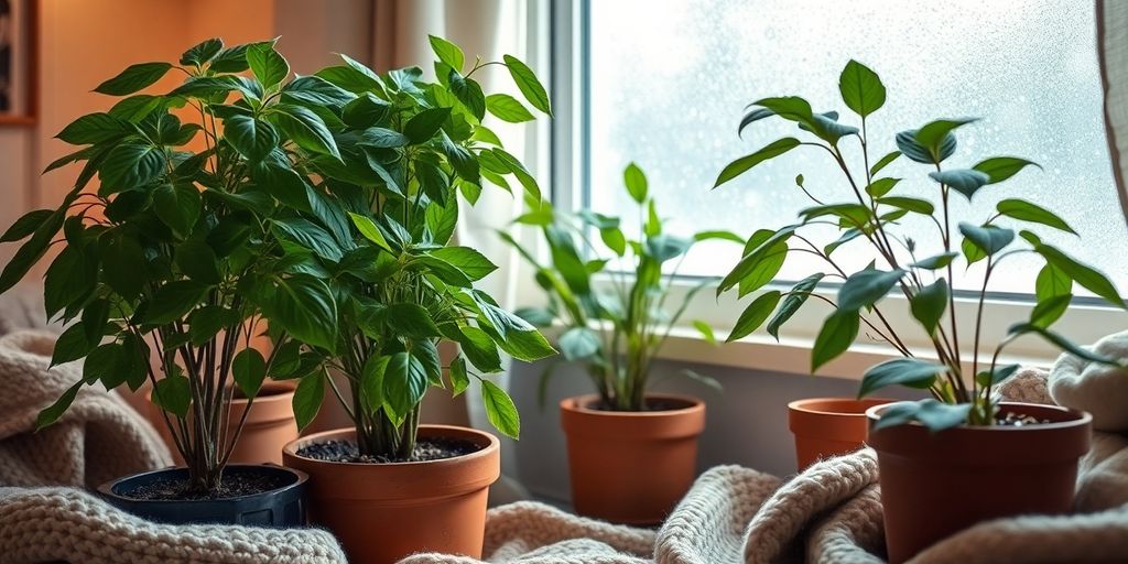 Indoor plants thriving in winter with a cozy setting.