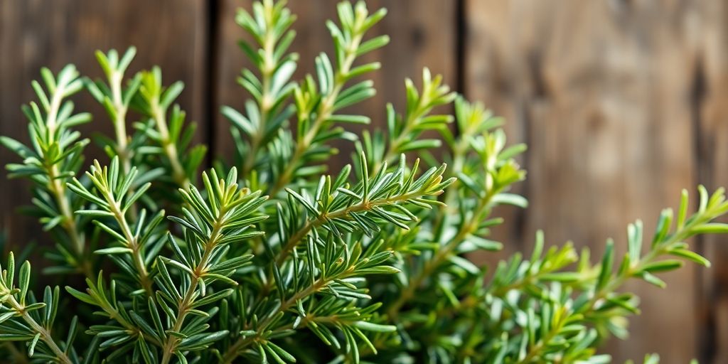 Close-up de alecrim fresco, uma das plantas aromáticas que você pode cultivar na sua cozinha, com agulhas verdes e fundo desfocado. Aromatic plants you can grow right in your kitchen
