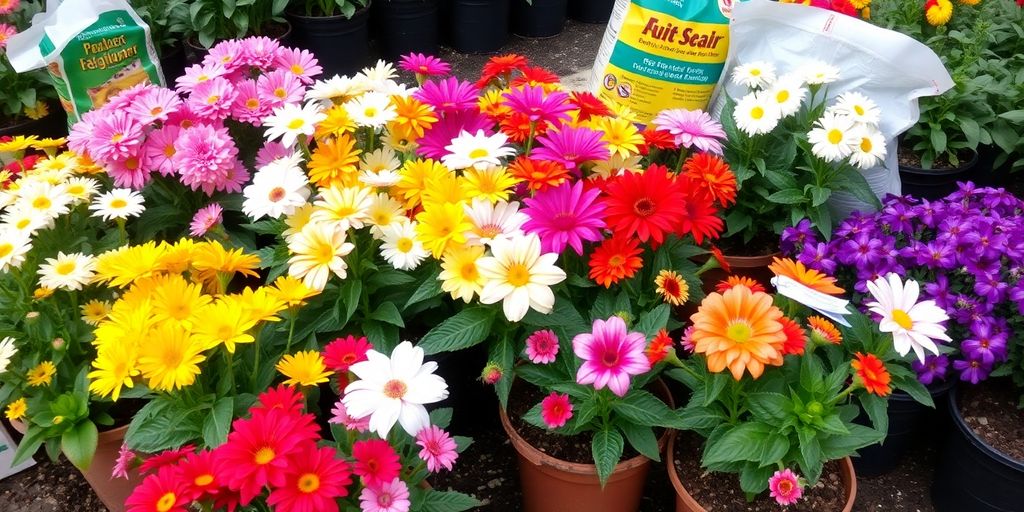 Vasos com plantas com flores coloridas, incluindo margaridas e zínias, mostram como mantê-las florescendo o ano todo. Flowering plants: how to keep them blooming all year