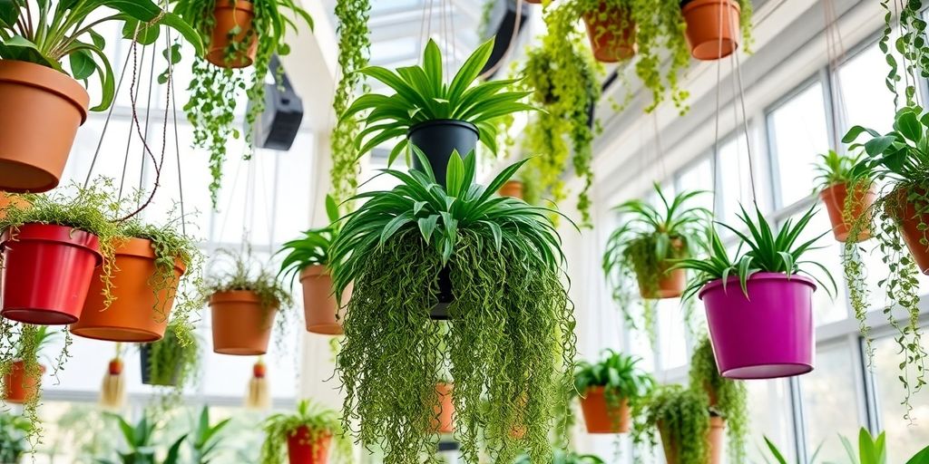 Vasos pendurados coloridos com plantas frondosas iluminam o ambiente — Plantas penduradas: ideias criativas para decorar sua casa. Hanging plants: creative ideas to decorate your home