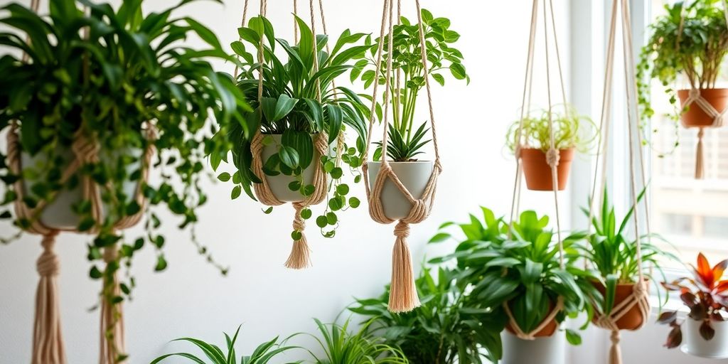 Vários vasos de plantas verdes em cabides de macramê inspiram plantas suspensas: ideias criativas para decorar sua casa. Hanging plants: creative ideas to decorate your home
