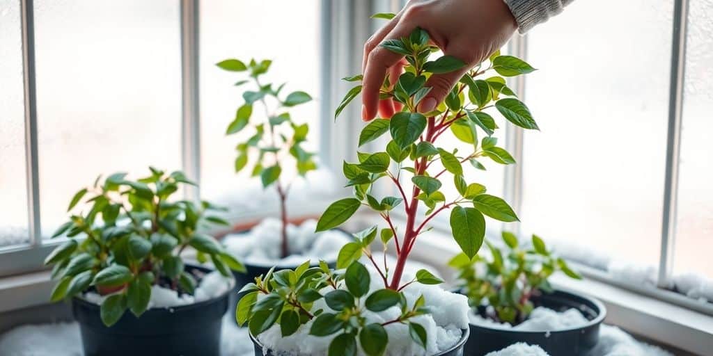 A hand touches a plant in a pot on a windowsill covered with snow, showing how to adjust plant care for the winter season.
