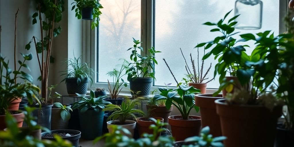 Several potted plants near a sunny, frosted window — learn how to adjust plant care for the winter season.