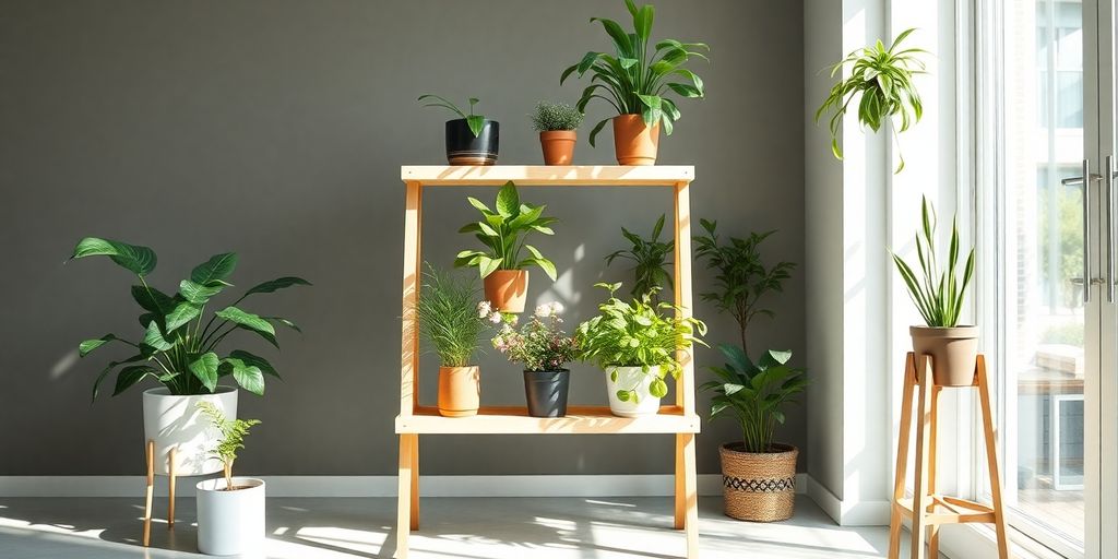Várias plantas em vasos em suportes para plantas "faça você mesmo" acrescentam estilo perto de uma janela ensolarada, contra uma parede cinza. How to build a DIY plant stand with style
