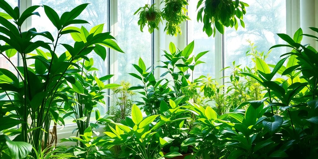 A bright living room filled with lush plants — learn how to care for plants near windows to keep them thriving.
