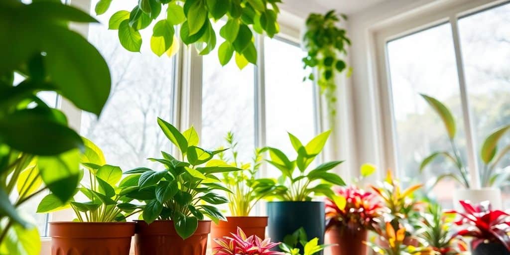 Several potted plants are arranged on a sunny windowsill, showing how to care for plants near windows under strong natural light.