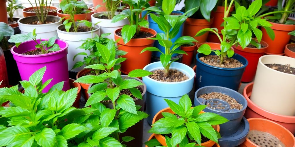 Various green plants in colorful pots — see how to choose the right pots for each type of indoor plant.