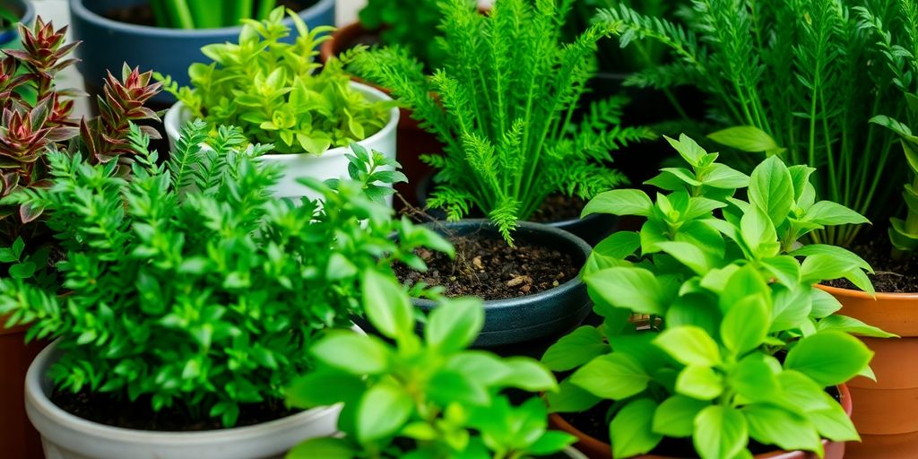 Several herbs and plants in pots, each in colorful containers, show how to choose the right pots for each type of plant.