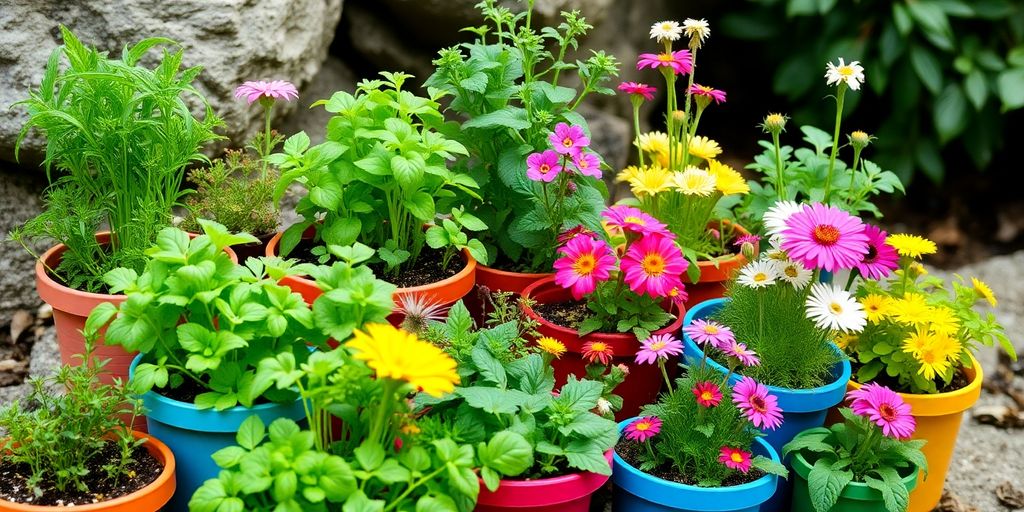 Colorful pots with flowers and herbs among stones and foliage show how to create a mini garden in pots at home.