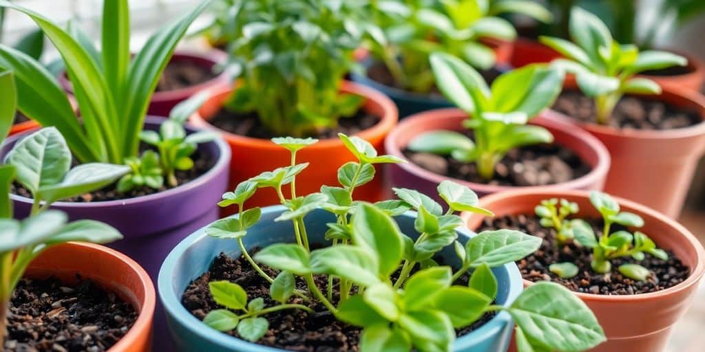 Several colorful pots with young plants suggest how to create a plant care schedule that works indoors.