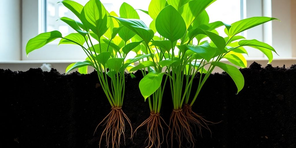 Green plants with visible roots growing in soil and sunlight shining — learn how to create a plant care schedule that works.