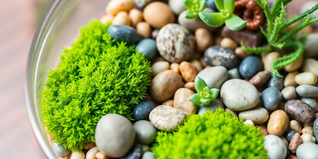 Close-up de um terrário de vidro — veja como criar um terrário em casa de forma fácil e acessível usando musgo, suculentas e pedras. How to create a terrarium at home easy and affordable