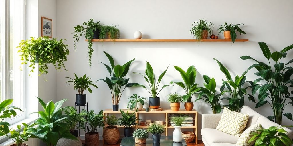 A bright living room with green plant pots — see how to decorate your home with plants without overdoing it.