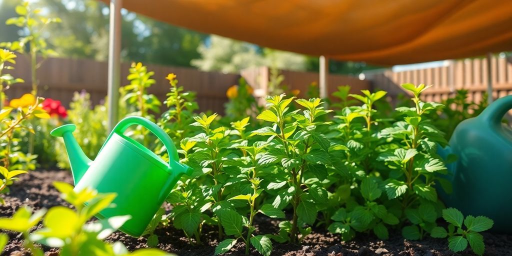 Um regador verde perto de plantas exuberantes em um jardim ensolarado com tela de sombra — How to maintain healthy plants during heatwaves