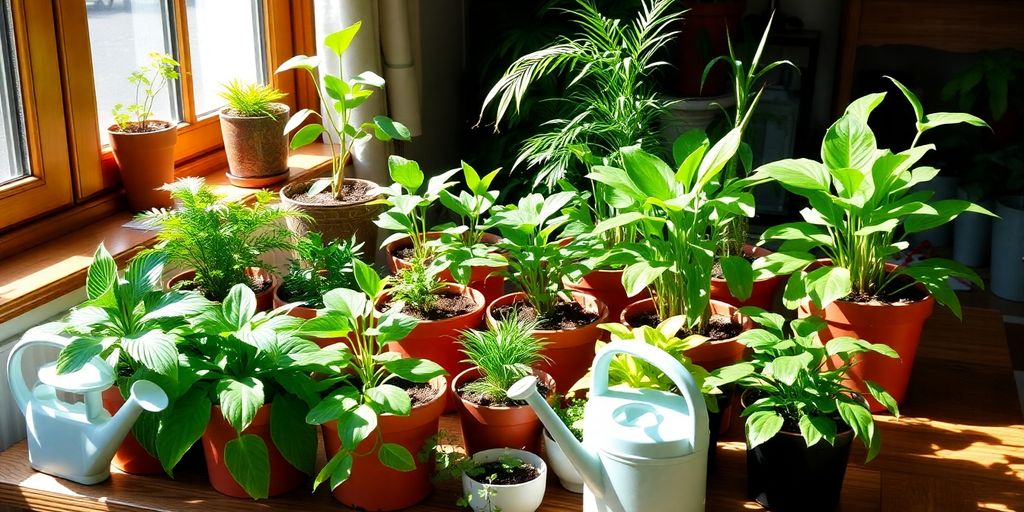 Potted plants under sunlight on a windowsill, showing how to organize a practical plant care routine with blue watering cans.