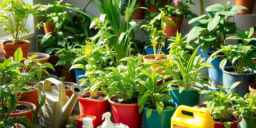Many houseplants in colorful pots near a sunny window — see how to organize a practical plant care routine.
