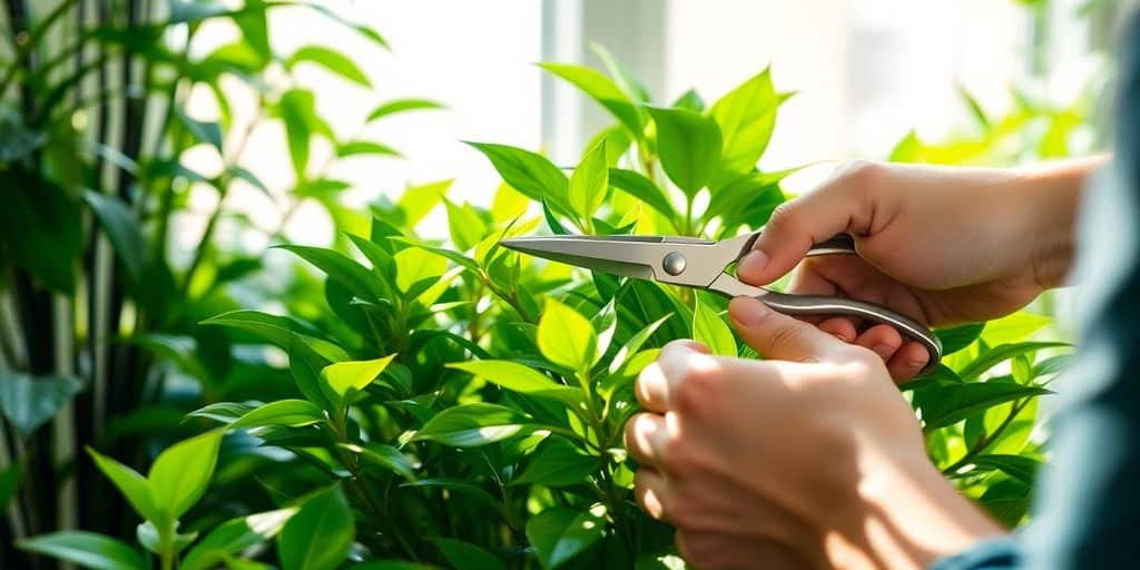 Como podar corretamente suas plantas domésticas: Mãos aparando a folhagem verde com uma tesoura perto de uma janela iluminada pelo sol. How to properly prune your houseplants