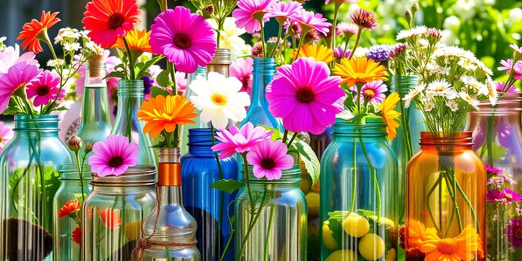 Colorful flowers arranged in various glass jars and bottles — discover how to reuse jars and bottles as creative plant pots.