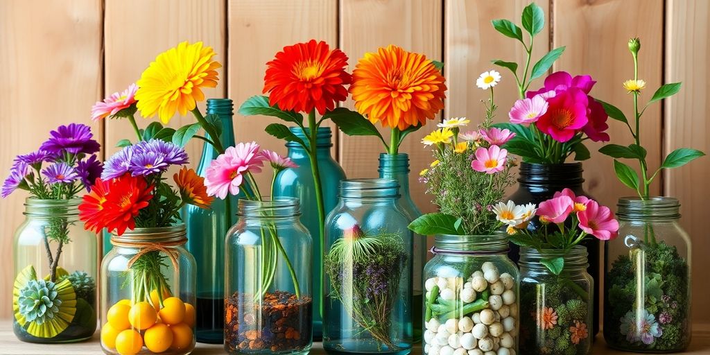 Colorful flowers arranged in reused jars, showing how to reuse jars and bottles as creative plant pots against a wooden background.