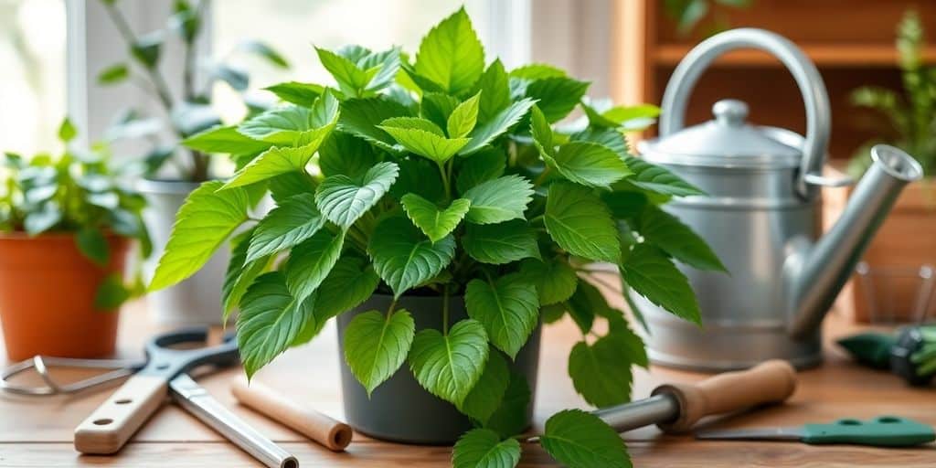 Uma planta saudável em vaso, ferramentas de jardinagem e um regador — How to revive a wilting plant