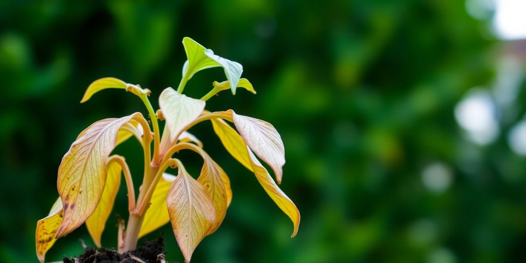 Uma pequena planta com folhas amarelas e verdes dá uma dica de como revitalizar uma planta murcha em um fundo verde desfocado. How to revive a wilting plant