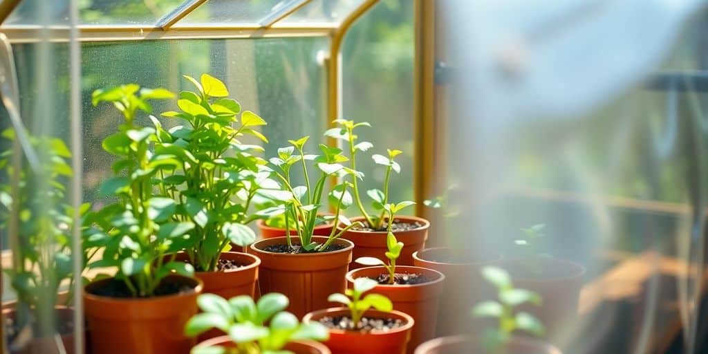 Plantas verdes jovens em vasos pequenos prosperam conforme você aprende como montar uma mini estufa em casa para plantas delicadas. How to set up a mini greenhouse at home for delicate plants