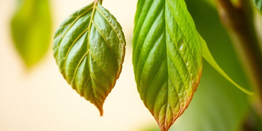 Duas folhas verdes com pontas marrons: um sinal para saber se sua planta precisa de mais ou menos água. How to tell if your plant needs more or less water