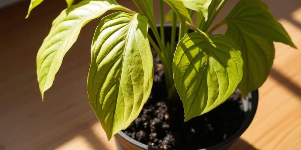Planta com folhas verdes em um vaso preto, luz solar nas folhas — aprenda a saber se sua planta precisa de mais ou menos água. How to tell if your plant needs more or less water