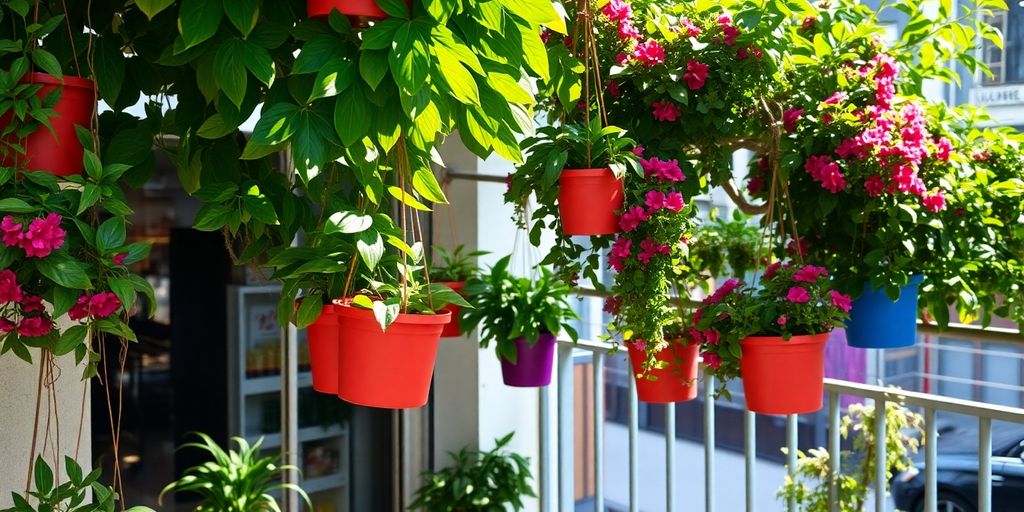 Colorful hanging pots transform the railing of your sunny balcony. Learn how to turn your balcony into a magical garden.