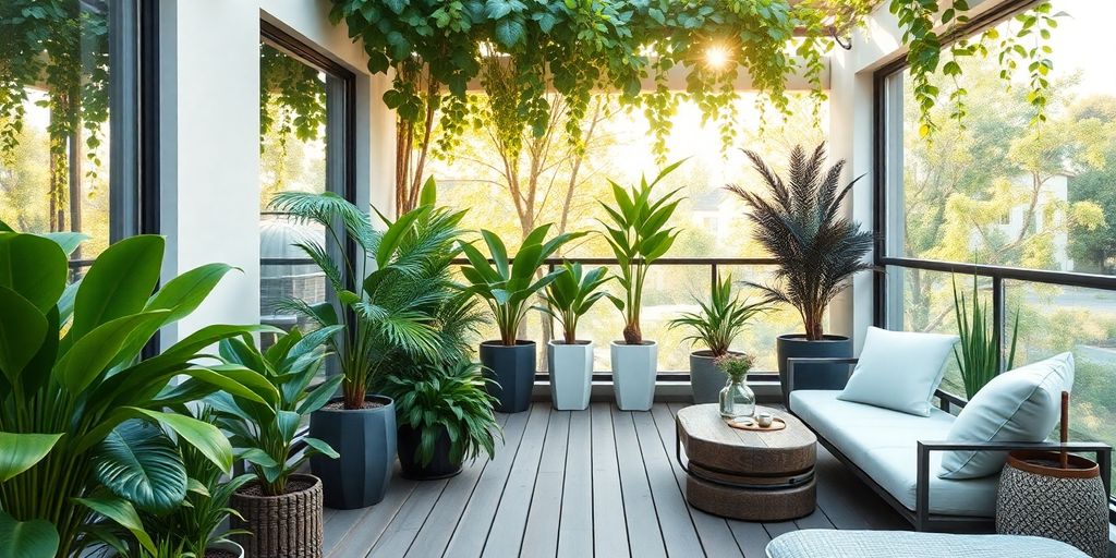 A sunny balcony with lush potted plants, a sofa, and drinks — learn how to turn your balcony into a magical garden.