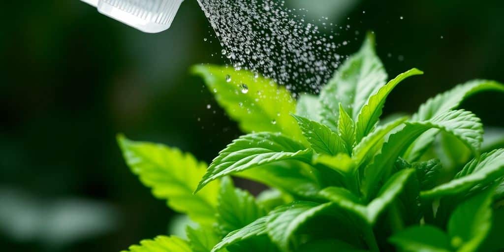 Learn how to use spray bottles in daily plant care by misting water on bright green leaves, keeping them fresh and healthy.