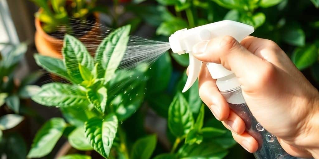 A hand demonstrates how to use spray bottles in daily plant care by misting water on indoor green plants.