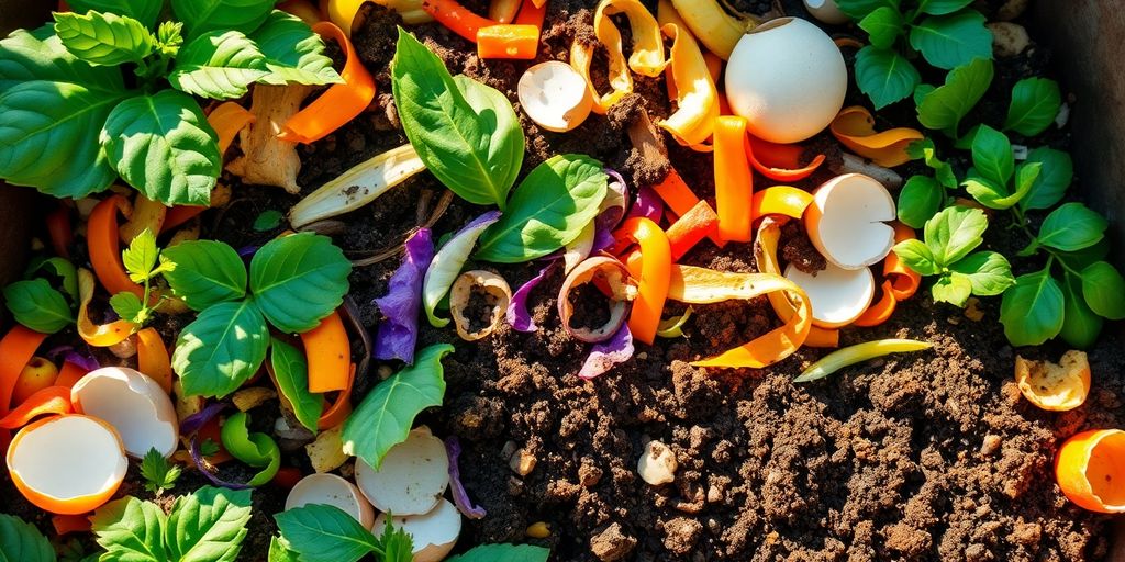 Restos coloridos e cascas de ovos em solo rico ilustram a fertilização natural: como fazer compostagem de restos de cozinha para plantas. Natural fertilizing: how to compost kitchen scraps for plants
