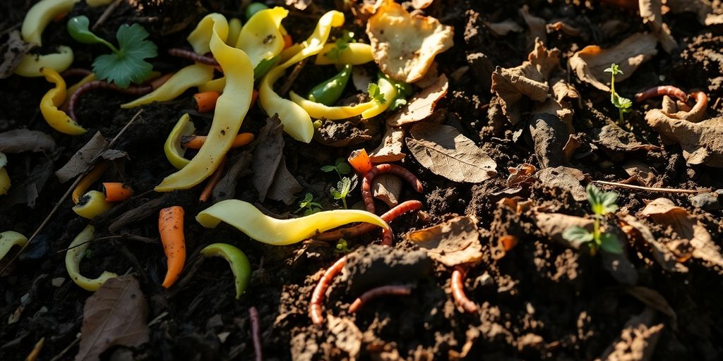 Cascas de vegetais e minhocas no solo, mostrando a fertilização natural: como fazer compostagem de restos de cozinha para plantas sob luz solar. Natural fertilizing: how to compost kitchen scraps for plants