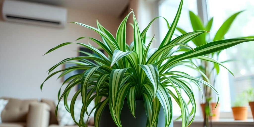 A spider plant, one of the plants that thrive in air-conditioned rooms, sits near a sunny window in a cozy living room.